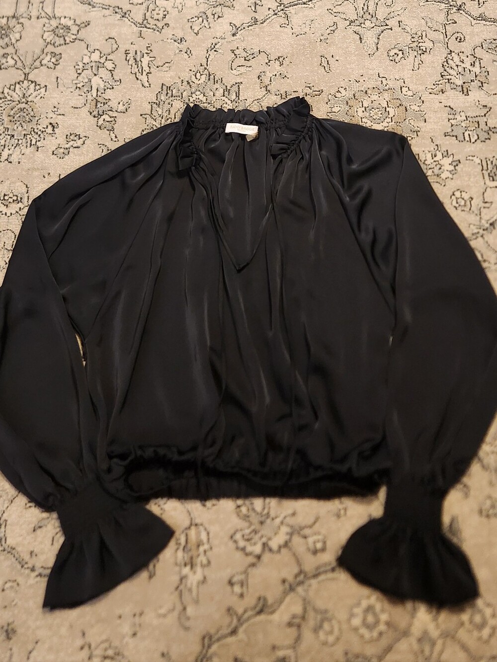 Ramy Brook Black Satin Tie-Neck Long Sleeve Blouse